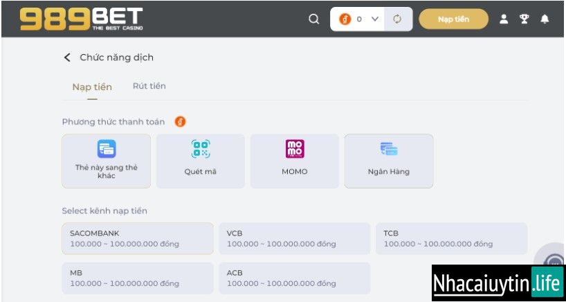 Giao dịch nạp - rút tiền 989BET nhanh chóng - thuận tiện