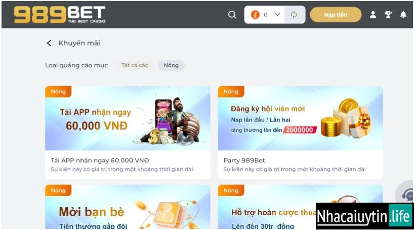 Khuyến mãi 989BET rất đa dạng với nhiều phần thưởng hấp dẫn