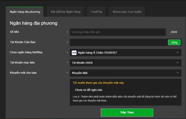 Thao tác nạp tiền nhanh chóng tại Betway